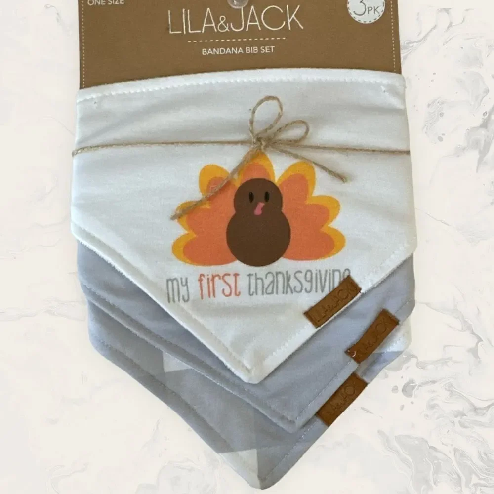 NWT Lila and Jack Bundle : My First Thanksgiving Bandana Bib Set 3 Pieces and Ha